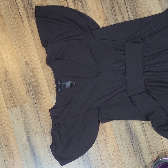 KENNETH COLE NEW YORK Brown V-Neck Built in Tie Waist Flutter Sleeve Dress - Picture 4 of 10